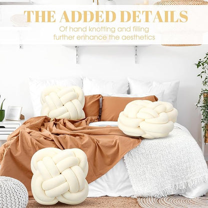 2 Pcs Knot Pillow Balls Set, 12 Inch Soft Decorative Throw Knot Pillow Ball, Large Square Knotted Floor Cushion for Living Room Bedroom Sofa Couch Bed Home Decoration(Beige)