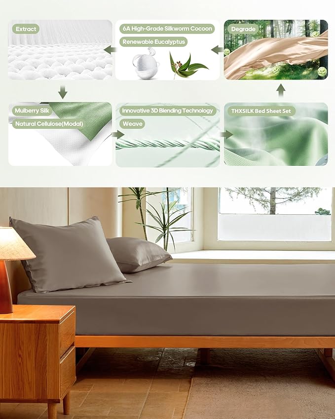 THXSILK Silk Sheet Set 3 Pcs, King Size Sheet Set, Soft Breathable Bed Sheets with 1 Fitted Sheet, 2 Pillowcases with Zipper Closure, Cooling for Hot Sleeper, Charcoal