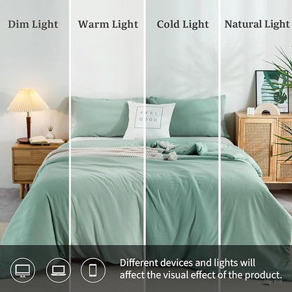 COTTEBED Ultra-Soft Sage Green Comforter Sets for Queen Bed - Light Weight All Season Solid Fluffy Washed Cotton Full Size Bedding Down Alternative Comforters Pillow Sham, Forest Sage Green Full/Queen