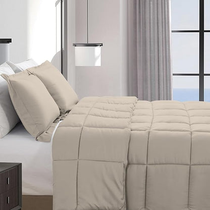 Elegant Comfort 3-Piece Box Stitched Down Alternative Comforter with Shams - Ultra Soft for All Season Duvet Insert with Corner Tabs, Plush Cozy 3PC Comforter Set, King, Linen