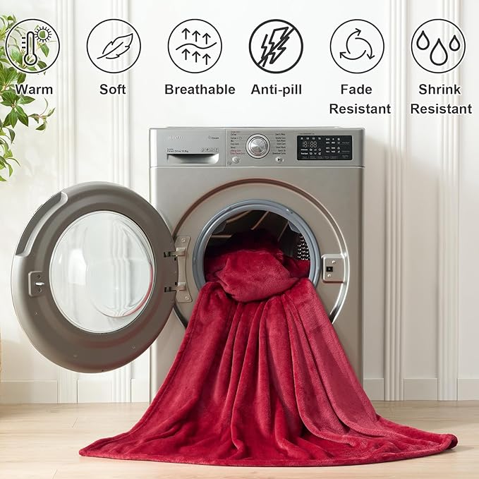 Hansleep Fleece Red Queen Blanket, Super Soft Flannel Fuzzy Plush Cozy Blanket for All Seasons, Red, Queen 90x90 Inches