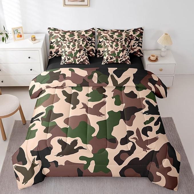 Erosebridal Duck Hunter 7 Piece Comforter Set King Size Camo Bedding for Kids Army Camouflage Hunting Bed in A Bag Sheet Set Vintage Green Black Bedroom Decor Wild Animal Duck Rustic Bed Set