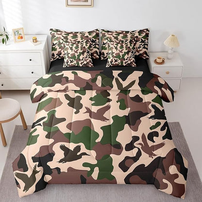 Erosebridal Duck Hunter 7 Pcs Comforter Set Twin Size Camo Bedding for Kids Army Camouflage Hunting Bed in A Bag Sheet Set Vintage Green Black Bedroom Decor Wild Animal Duck Rustic Bed Set