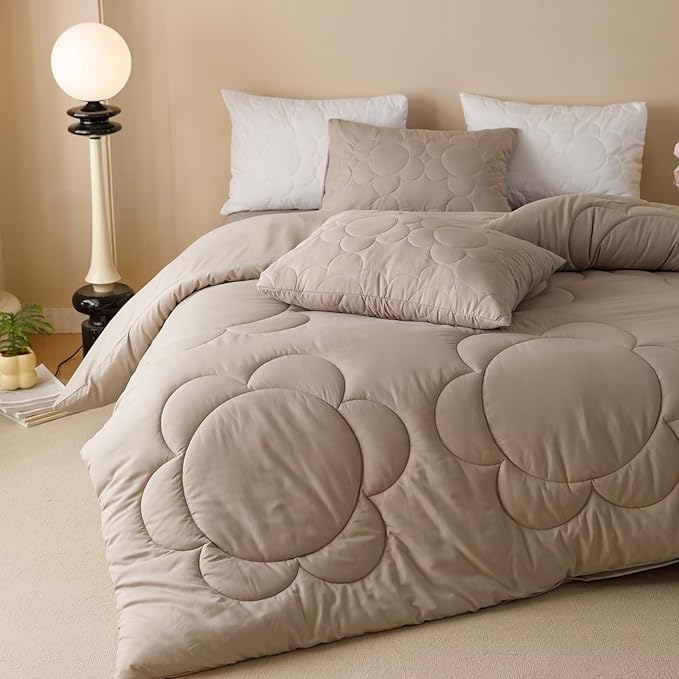 Cottonight Beige Khaki Comforter Set Full Light Khaki Sunflower Bedding Comforter Set Women Men Beige Mocha Blanket Quilts Big Flower Printed 3 Piece Soft Breathable Bedding Set Full Size