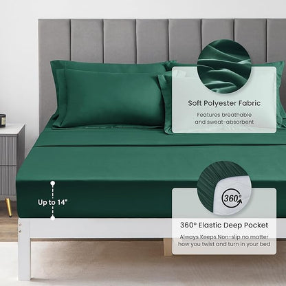 Love's cabin Queen Comforter Set Dark Green, 7 Pieces Queen Bed in a Bag, All Season Bedding Sets with 1 Comforter, 1 Flat Sheet, 1 Fitted Sheet, 2 Pillowcase and 2 Pillow Sham