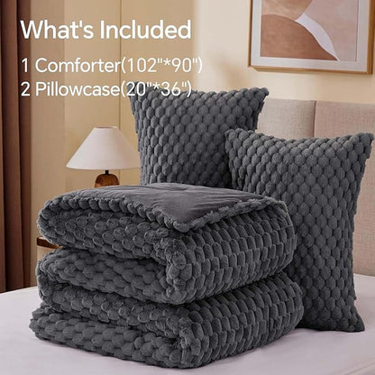 BEDELITE Fluffy King Size Comforter Set - Grey Fleece Soft Comforter for King Size Bed, Luxury Warm Bedding Set for Winter, Fuzzy Bed Set 3 Pieces (1 Comforter, 2 Pillowcases)