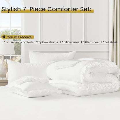 QUIETSEA Full Bed in a Bag 7 Pieces Full Size Comforter Set, Ruffle Shabby Chic Bedding Comforter Set White Bed Set with Comforter, Pillowcases, Flat Sheet, Fitted Sheet and Pillow Shams
