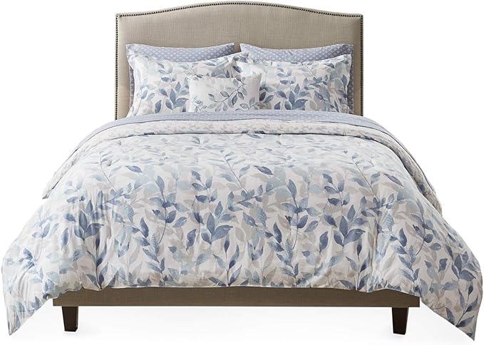 Madison Park Essentials Cozy Bed in a Bag Reversible Comforter with Complete Sheet Set - Modern Botanical Print All Season Cover, Shams, Decorative Pillow, Cal King(104"x92"), Blue 8 Piece