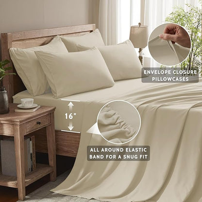 Cal King Size Sheets Set - 6 Piece Luxuriously Soft & Cooling Sheets Cal King Size - Ultra Soft 16" Deep Pocket Cal King Sheet Set - Fitted Sheet & Pillowcase Sets (Cal King Beige)