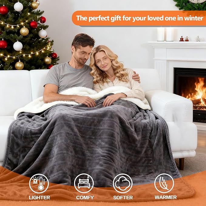 Electric Heated Blanket Queen Size 84''x90'' Soft Flannel & Sherpa Electric Blanket with 10 Heating Levels, Automatically Shut Down After 8h with Overheat Protection Machine Washable