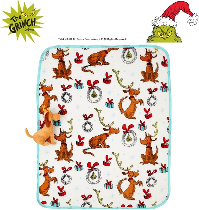 Dr. Seuss The Grinch Max Dog Holiday & Christmas Kids Bedding Super Soft Plush Pillow and Throw 2 Piece Set, 40 in x 50 in (Officially Licensed Product) by Franco