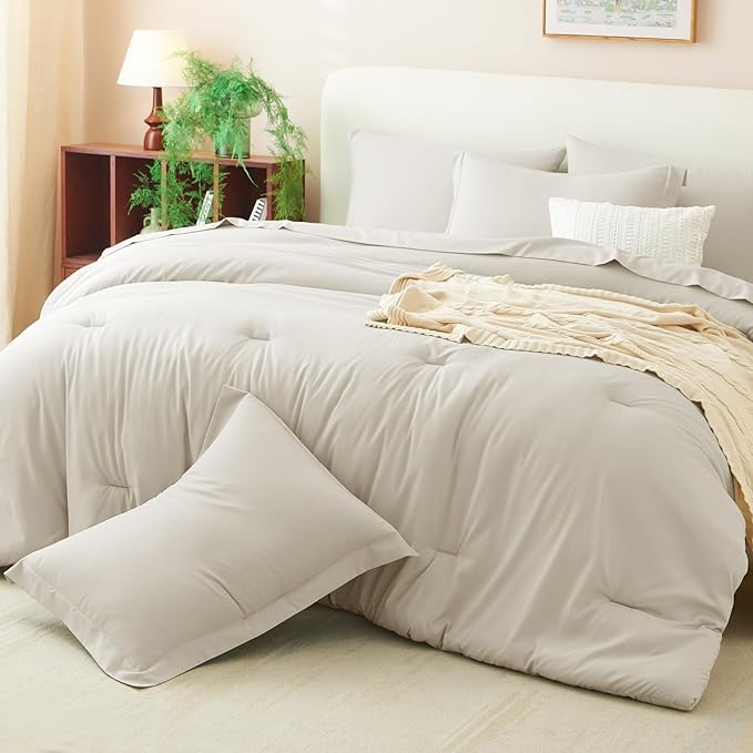 CozyLux King Comforter Set Beige, 7 Pieces Bed in a Bag Soft Bedding Comforter Set with Sheets, All Season Boho 7PC Bed Sets with Comforter, Fitted Sheets, Flat Sheets, Pillow Shams and Pillowcases