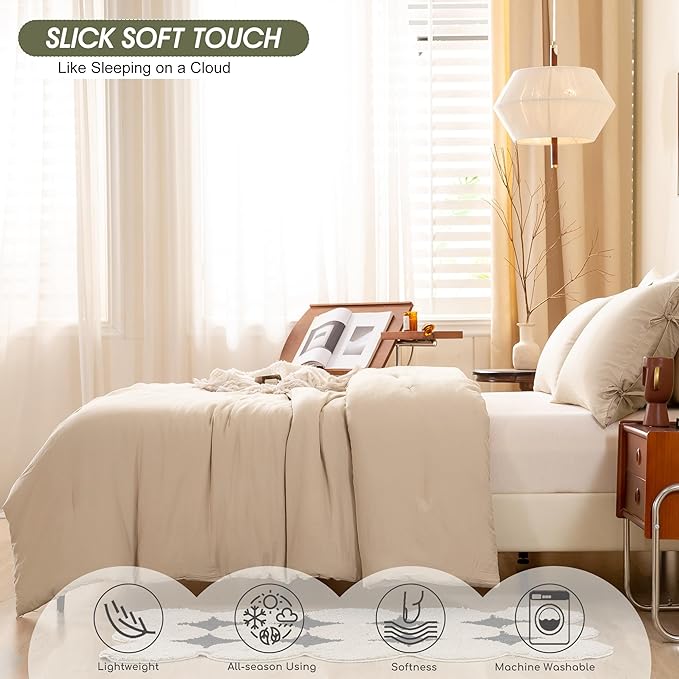 Ultra-Soft Twin/XL Bed Comforter Set, Comfy Washed Polycotton 1 Bedding Down Comforter and 1 Pillowcase Cozy Blanket Quilt Lightweight All Season for Kid Children Teens Girl Boys,Khaki Beige