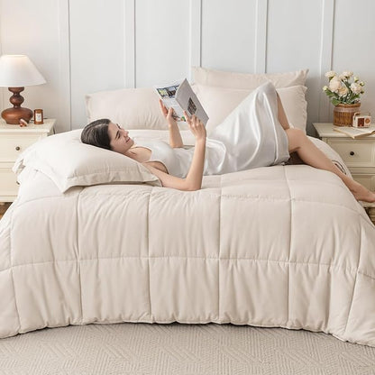 JOLLYVOGUE Oversized Queen Comforter Set, Ultra-Soft Bed in a Bag Oversized Queen Size 7 Pieces, Oeko-TEX Certified Bedding Set with Down Alternative Comforter, Sheets, Pillowcases & Shams, Beige