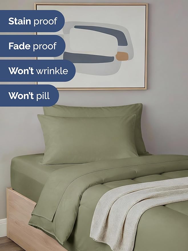 Twin Comforter Set - 5 Piece Bed in a Bag Twin Size Bed Set - Down Alternative Comforter, Flat Sheet, Fitted Sheet, Pillowcase & Sham for All Seasons - Ultra Soft, Comfy and Breathable - Sage Green