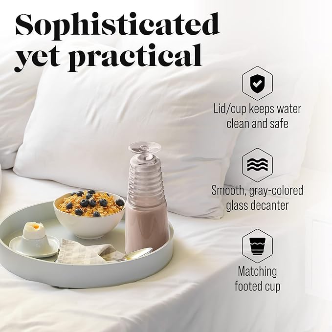 American Atelier 32 oz Bedside Water Carafe Set – 11" Glass Pitcher with Footed Tumbler Lid for Nightstand, Guest Room, Office, Bathroom, Durable, Stylish Drinkware for Everyday Use (Gray)