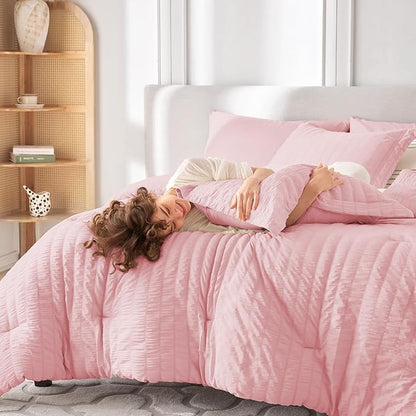 MUXHOMO 5 Pieces Twin Comforter Set, Seersucker Bed in a Bag Twin Size, All Season Luxury Bedding Set with Comforter, Flat Sheet, Fitted Sheet, Pillowcase & Sham, Pink
