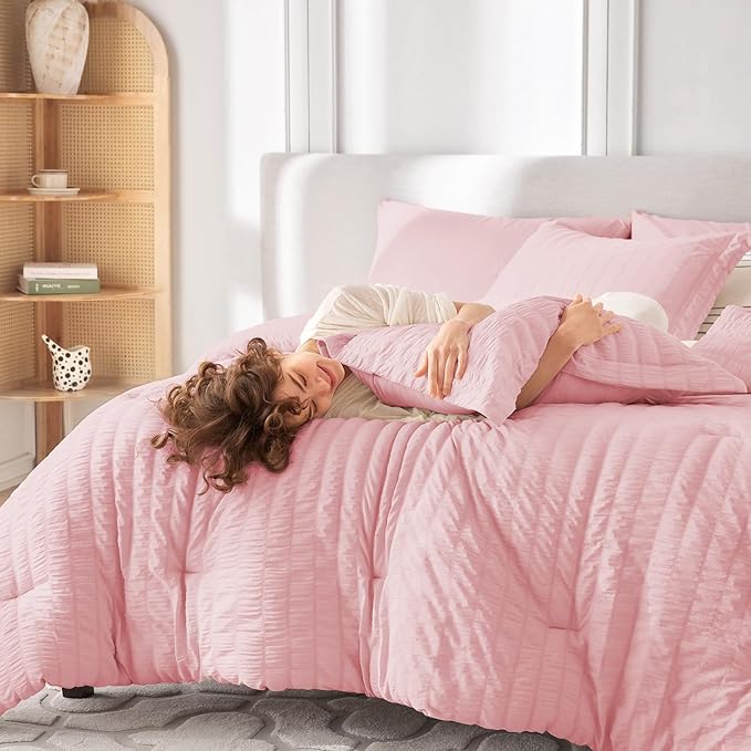 MUXHOMO 7 Pieces Queen Comforter Set, Seersucker Bed in a Bag Queen Size, All Season Luxury Bedding Set with Comforter, Flat Sheet, Fitted Sheet, Pillowcases & Shams, Pink
