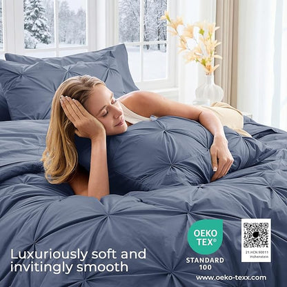 Sasttie King Size Comforter Set, 7-Piece Bed in a Bag, Pintuck Bedding Set for All Season, Includes Comforter, Flat Sheet, Fitted Sheet, Pillowcases and Pillowshams, Indigo Blue