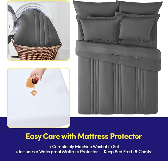 Full Size Comforter Set Quilted Stripe Bedding Bundle – Stylish Set with Comforter, Mattress Protector, Sheet Set & Pillow Shams — Sophisticated Striped Design for Home & Guest Rooms, Charcoal