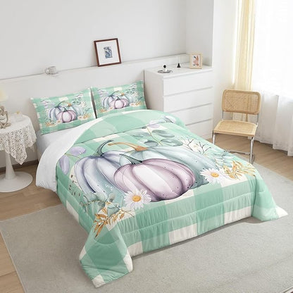 Fall Harvest Pumpkin Bedding Set Rustic Thanksgiving King Comforter Set Watercolor Farmhouse Buffalo Plaid Check Bedding Comforter Sets Eucalyptus Leaves Duvet Insert Pastel 2 Pillow Cases