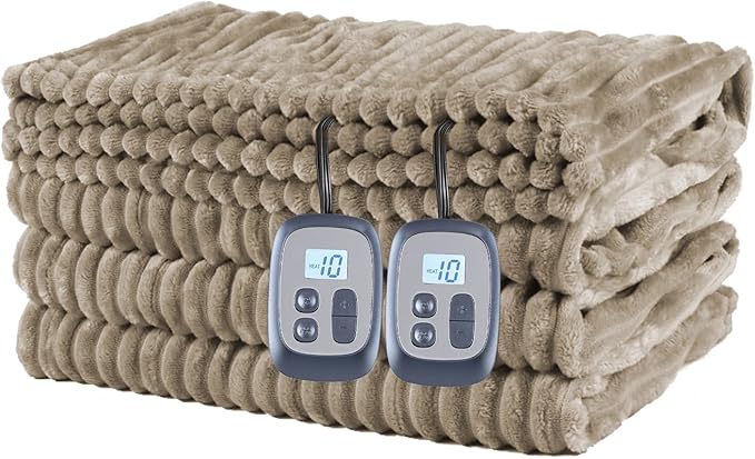 Heated Blanket Electric Blanket Queen Size 84''x90'' with 10 Heating Levels, 1-12 Hour Auto Shut Off, Machine Washable, Dual Controller Soft Warming Blanket for Couch, Bed, Office - Light Brown