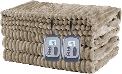 Heated Blanket Electric Blanket Queen Size 84''x90'' with 10 Heating Levels, 1-12 Hour Auto Shut Off, Machine Washable, Dual Controller Soft Warming Blanket for Couch, Bed, Office - Light Brown