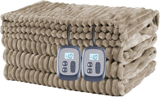 Heated Blanket Electric Blanket Queen Size 84''x90'' with 10 Heating Levels, 1-12 Hour Auto Shut Off, Machine Washable, Dual Controller Soft Warming Blanket for Couch, Bed, Office - Light Brown