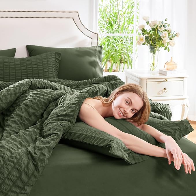 CozyLux Oversized Queen Comforter Set Olive Green Seersucker 7 Pieces Bed in a Bag Queen Comforter Set with Sheets, Luxury Soft Bedding Set with Down Alternative Comforter, Sheets, Pillowcases & Shams