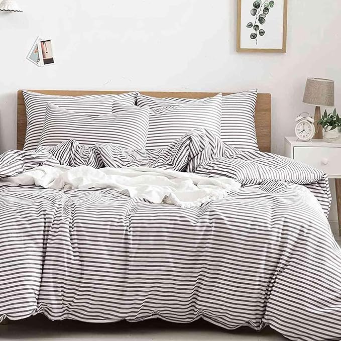 Nanko Queen Size Comforter Set, Grey and White Striped Print Pattern Soft Reversible Down Alternative Quilted Duvet Insert Bed Sets, Bedding Sets in a Bag for Women Men Teen, 90x90 3 Pcs Gray Stripe