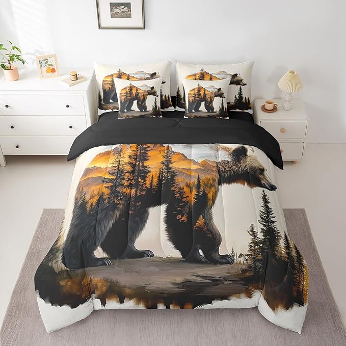 Rustic Kids Comforter Set King, Forest Bear Bedding for Adults, Farmhouse Animal Print Bedding Sets for Teen Boys Country Cabin Decor Woodland Bear Wildlife Bed Set Bedroom Decor 7 Pieces