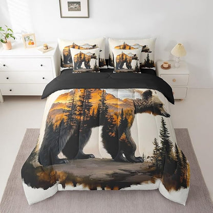 Rustic Kids Comforter Set Twin, Forest Bear Bedding for Adults, Farmhouse Animal Print Bedding Sets for Teen Boys Country Cabin Decor Woodland Bear Wildlife Bed Set Bedroom Decor 7 Pieces