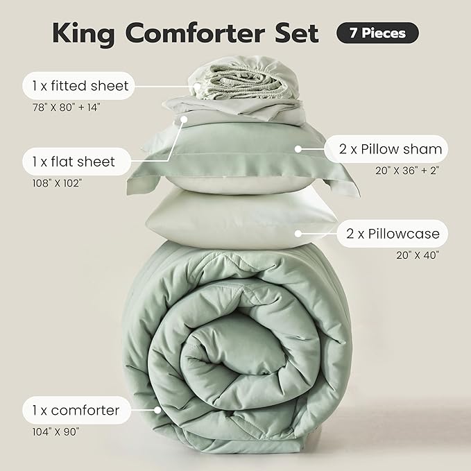 Joiedomi King Size Comforter Set with Sheets Sage Green, 7 Pieces King Bedding Set with 1 Down Alternative Comforter, 1 Flat Sheet, 1 Fitted Sheet, 2 Pillowcases and 2 Pillow Shams, Bed in a Bag