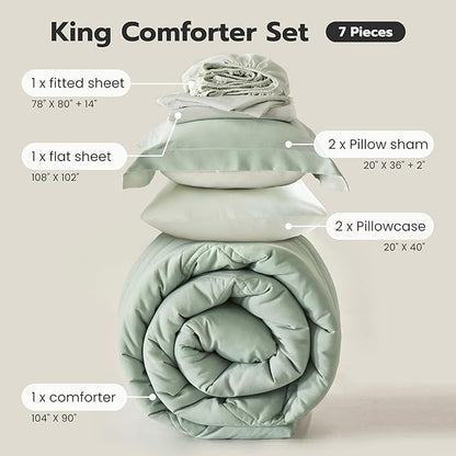 Joiedomi King Size Comforter Set with Sheets Sage Green, 7 Pieces King Bedding Set with 1 Down Alternative Comforter, 1 Flat Sheet, 1 Fitted Sheet, 2 Pillowcases and 2 Pillow Shams, Bed in a Bag