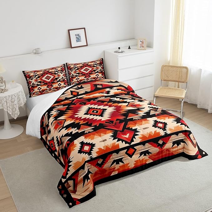 Feelyou Boho Comforter Set Toddler Size Southwest Native American Design Comforter Southwestern Geometric Bedding Set Western Decor Duvet Set Hot Orange Quilt Set