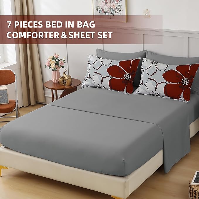 Anibedding 7Pieces Red Floral Comforter Set Queen Size, Soft Microfiber Red Grey Bed in a Bag Comforter Set with Sheets for All Season