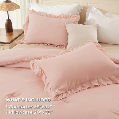 Andency Twin XL Ruffle Comforter Set, 2 Pieces Shabby Chic Farmhouse Bedding Set, Lightweight Soft Comforter Set 68×92In for Girls Women (1 Comforter 1 Pillowcase), Blush