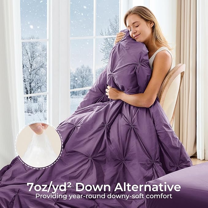 Sasttie Full Size Comforter Set, 7-Piece Bed in a Bag Double, Pintuck Bedding Set for All Season, Includes Comforter, Flat Sheet, Fitted Sheet, Pillowcases and Pillowshams, Grape Purple