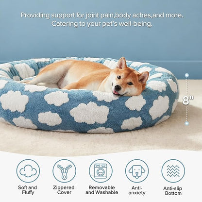 JOEJOY Donut Dog Bed Medium Size Dog, Cute Round Calming Pet Bed with Removable Washable Cover, Orthopedic Puppy Bed with Jacquard Shaggy Plush & Non Skid Bottom