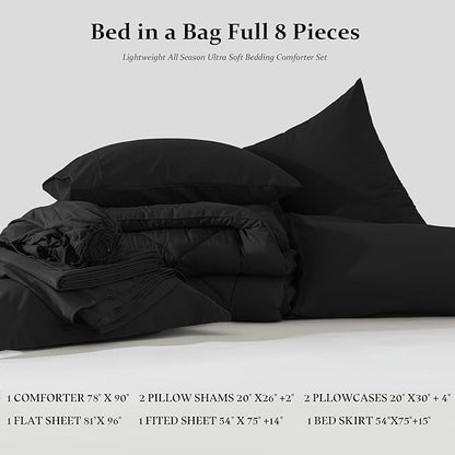 Newspin Full Comforter Set Black - Bed in a Bag Full Size 8 Pieces, All Season Bed Set, Fluffy Comforter Set with Sheets, Sheet Set Quilt Blanket, Pillowcases & Shams & Bed Skirt