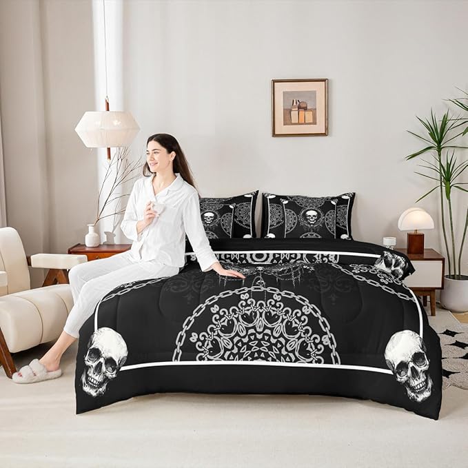 Erosebridal Sugar Skull 7 Piece Bedding Set Twin Size,Gothic Exotic Bed in a Bag,Horror Theme Bed Set Includes Comforter, Sheet Set, Pillowcases & Pillow Covers All Season Bedroom Decor