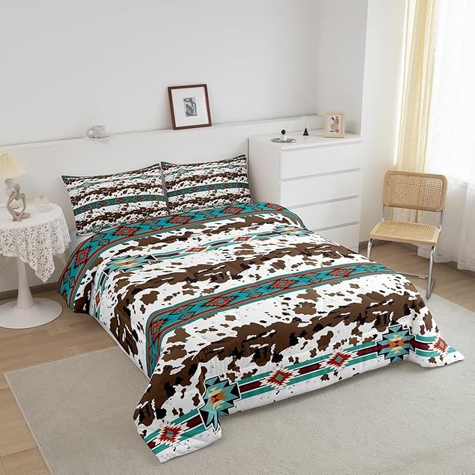 Feelyou Green Southwestern Bedding Set Queen Size Cow Print Comforter Set Geometric Tribal Native American Indian Design Comforter Decor Exotic Style Stripe Line Duvet Set