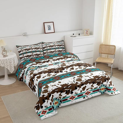 Feelyou Green Southwestern Bedding Set Queen Size Cow Print Comforter Set Geometric Tribal Native American Indian Design Comforter Decor Exotic Style Stripe Line Duvet Set