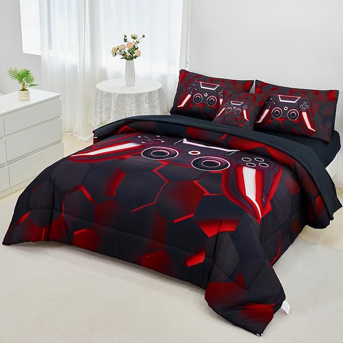 URBONUR 6Pcs Queen Game Comforter Sets for Boys Girl Game Gontroller Printed Teen Bedding Set Kids Teenage Men Bedroom Decor Children Bed Comforters(Black Red, Queen)