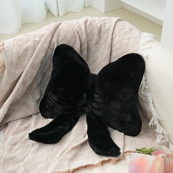 2Pack Soft Furry Bow Throw Pillows Cute Bowknot Plush Pillow Home Decor Stuffed Bow Lumbar Pillow for Bed Couch Living Room Decor (Black&White)