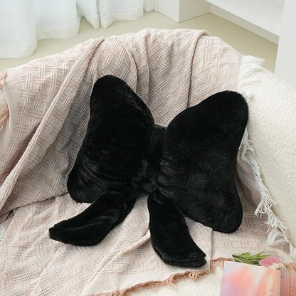 2Pack Soft Furry Bow Throw Pillows Cute Bowknot Plush Pillow Home Decor Stuffed Bow Lumbar Pillow for Bed Couch Living Room Decor (Black&White)