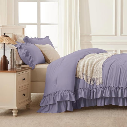 Andency Grayish Purple Ruffle Comforter Set King, Shabby Chic Farmhouse Bedding Comforter, Soft Lightweight Fluffy Microfiber Bet Set All Season 3 Pieces Solid Comforter Set