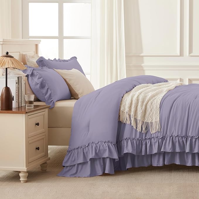 Andency Grayish Purple California King Comforter Set, 3 Pieces Lightweight Fluffy Farmhouse Shabby Chic Bedding Comforter Sets, Soft Microfiber All Season Cal King Bed Sets(104x96Inch)