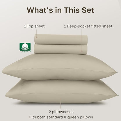 California Design Den Queen Bed Sheets Set - Certified Authentic Luxury 100% Egyptian Cotton Deep Pocket Bed Sheets Set, Soft Sateen, Breathable Sheets for Hot Sleepers, Beige Sheets Queen