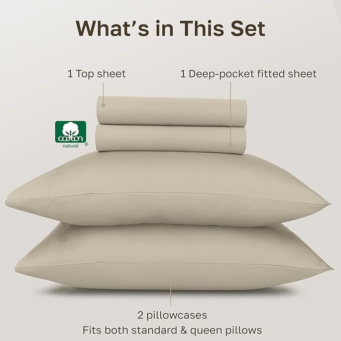 California Design Den 100% Egyptian Cotton Sheets, Certified Authentic Luxury Full Size Deep Pocket Sheet Set, Soft and Breathable Sateen - Beige